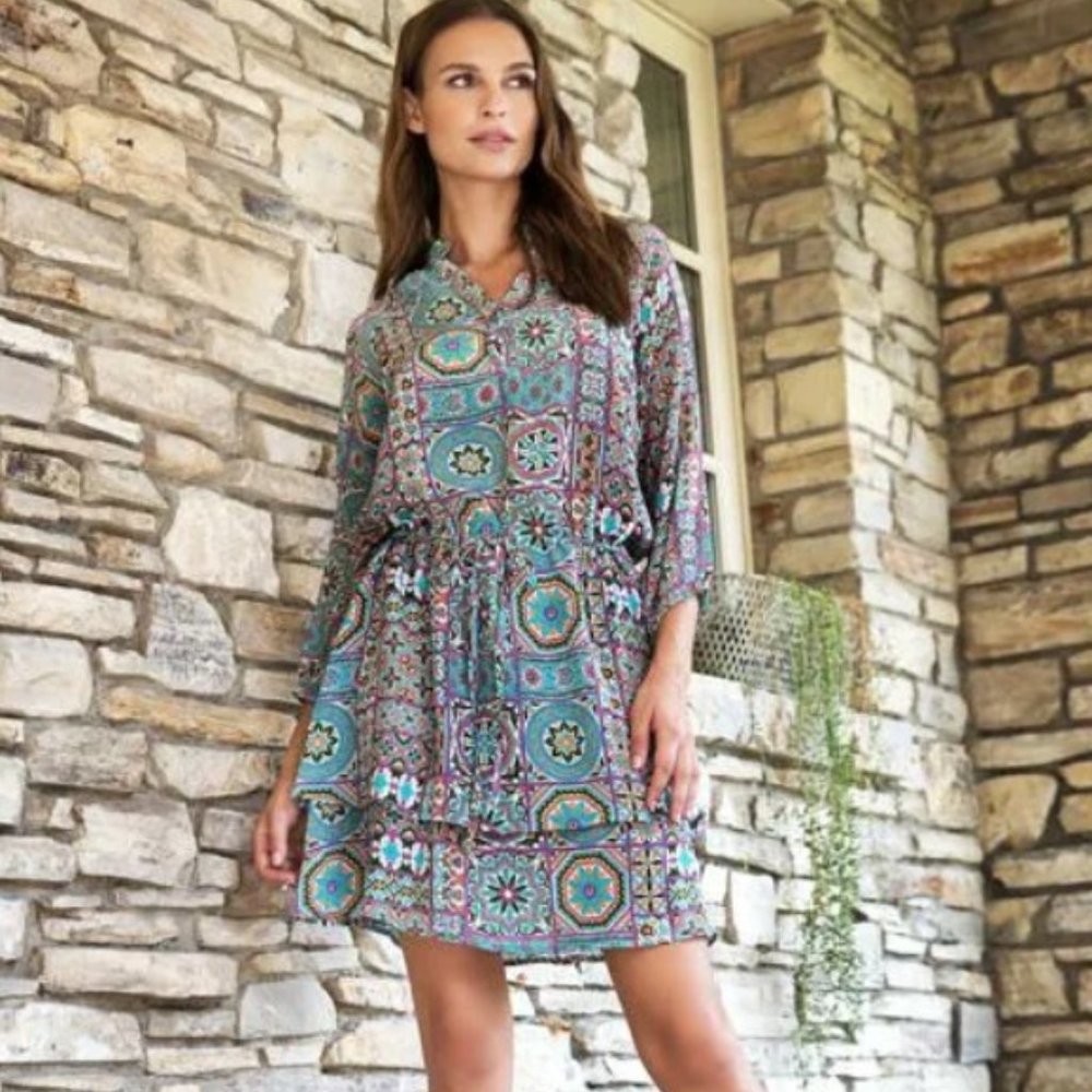 New TOLANI x NICKI HILTON Arienzo Silk Tile Print Dress S $278